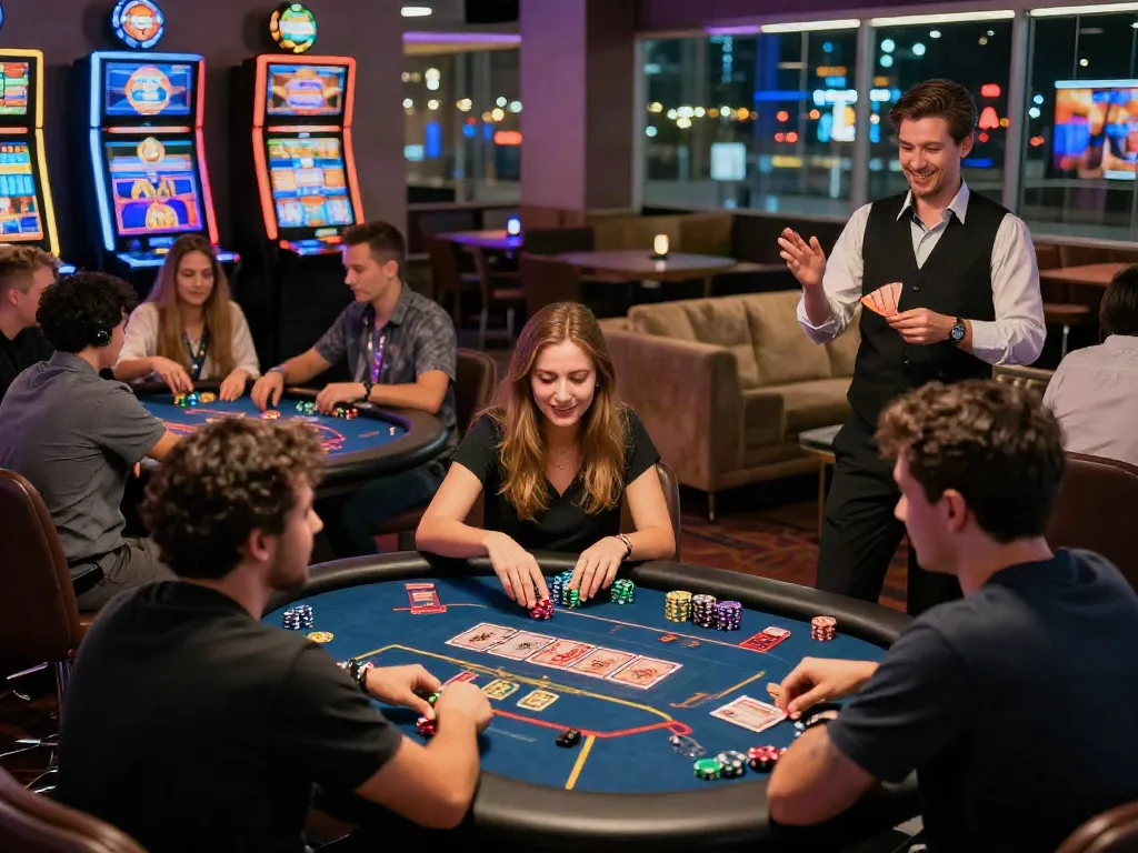Exciting scene at a non Gamstop casino UK with players engaged in table games and slot machines.