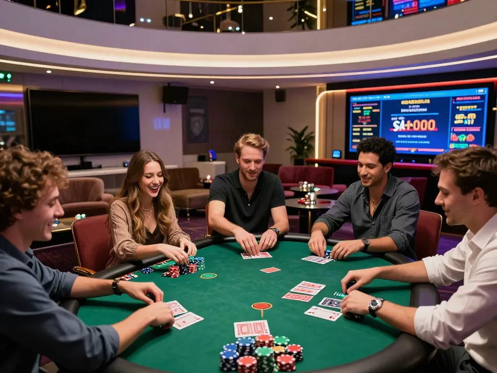 Engaging scene at a non GamStop casino UK with friends enjoying poker games.