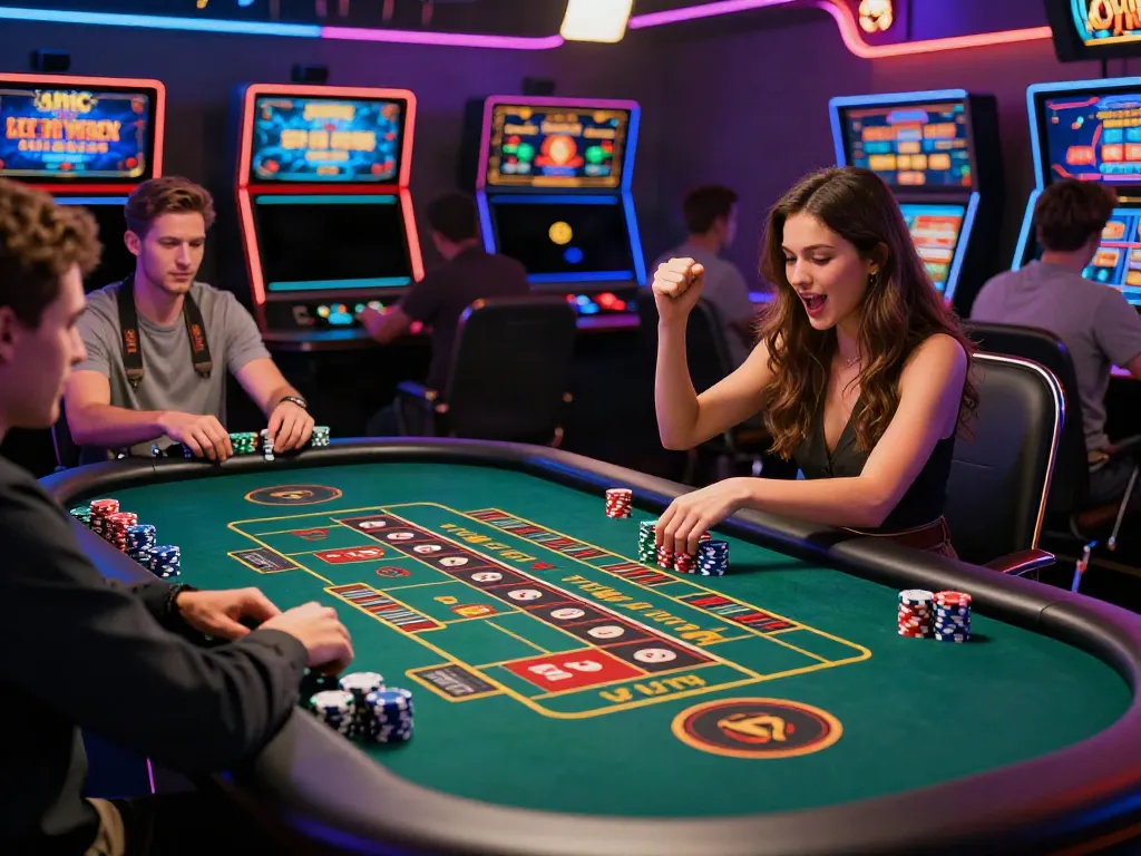 Exciting non gamstop casino UK gaming scene with players celebrating at a virtual roulette table.