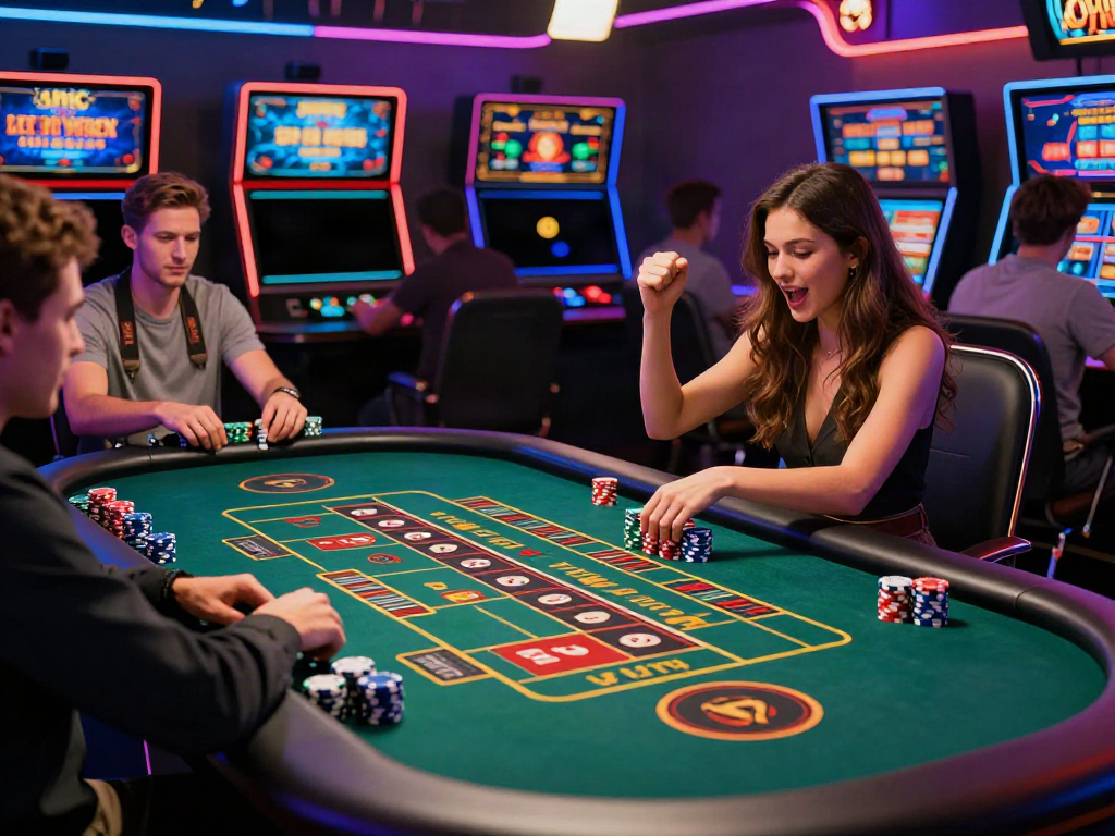 Exciting non gamstop casino UK gaming scene with players celebrating at a virtual roulette table.