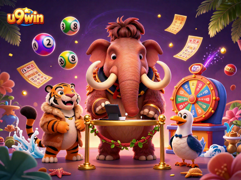 Experience the thrill of u9win's casino world with vibrant lottery balls and characters!