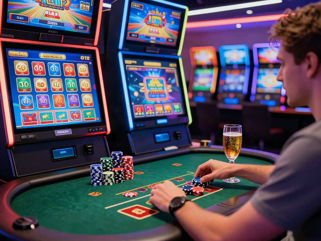 Exciting scene of players engaging at a non GamStop casino UK with vibrant slot machines and poker chips.