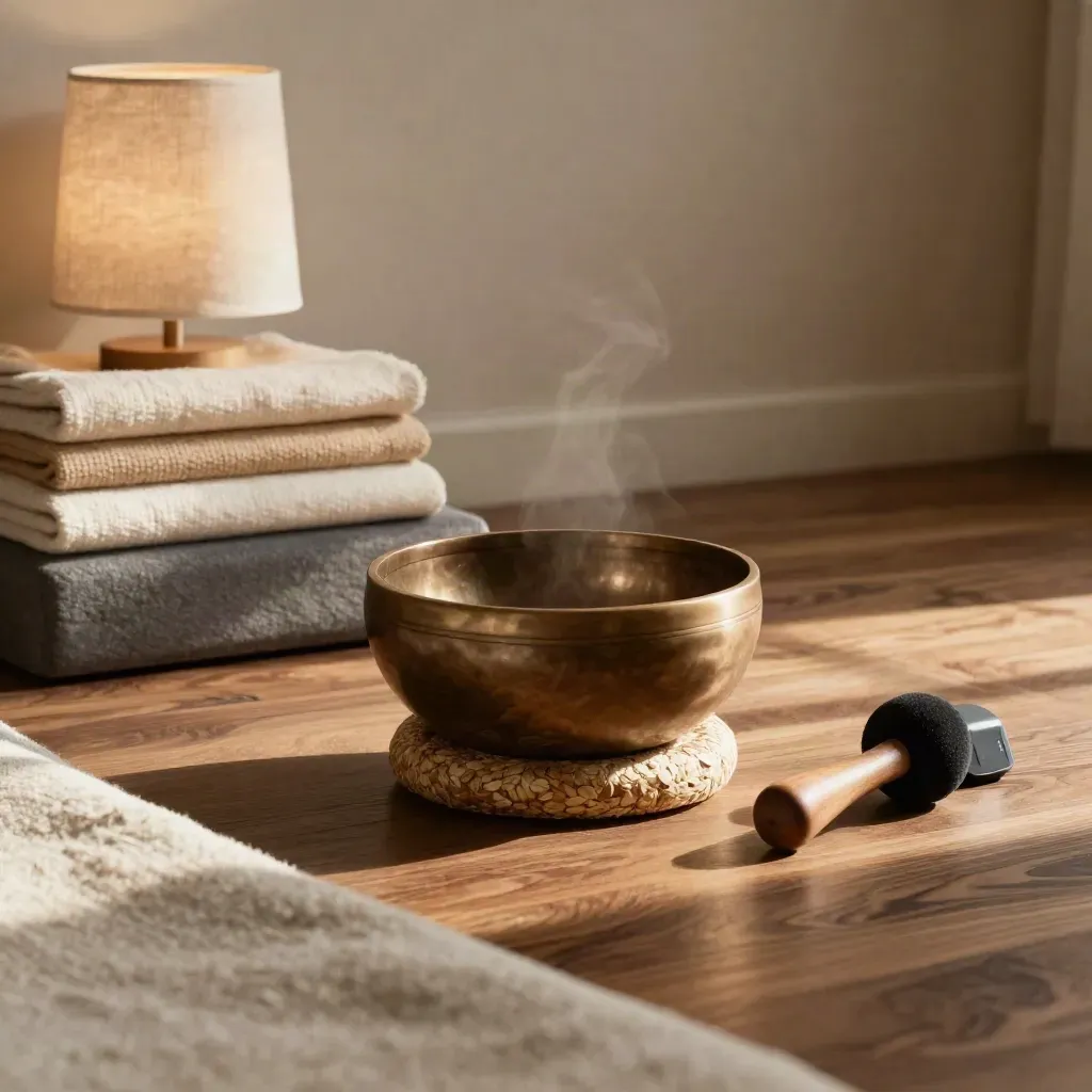 Slate singing bowl, cushion, timer and blankets in a serene meditation corner