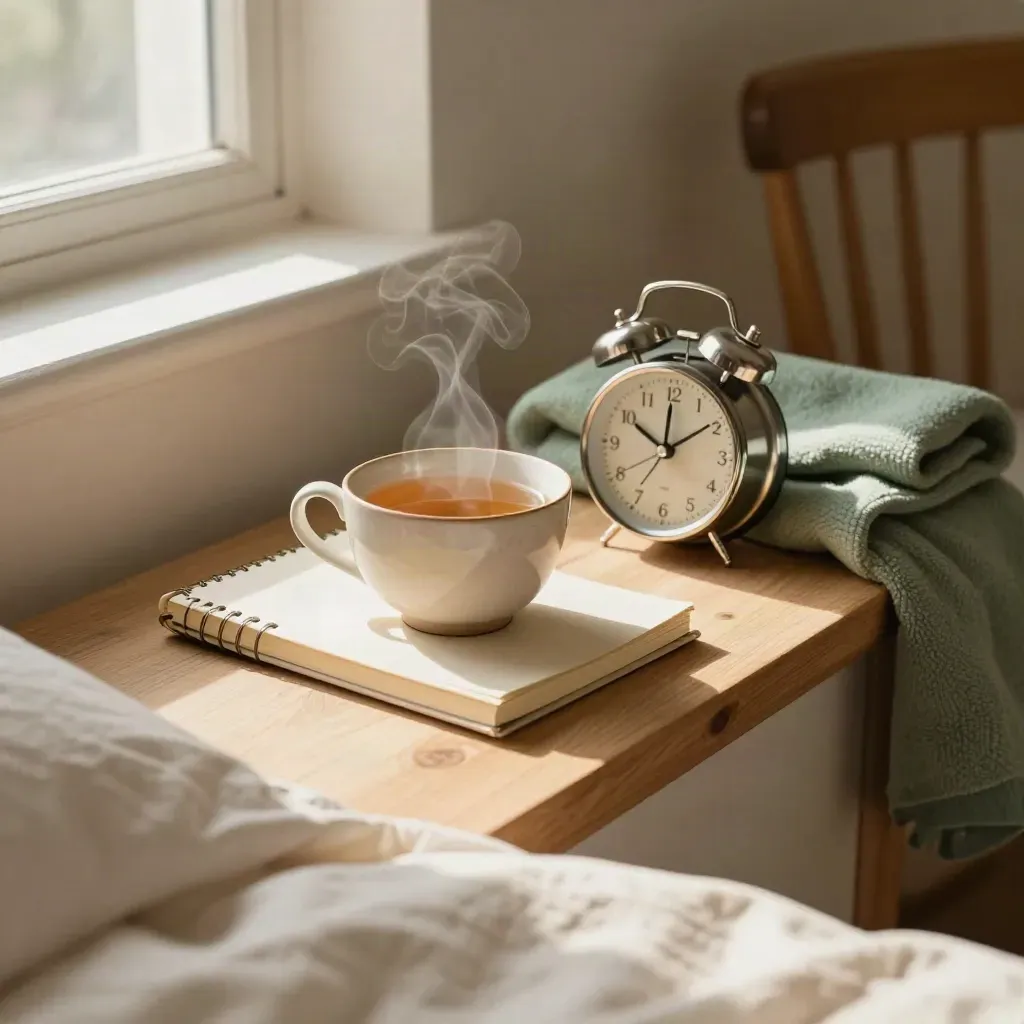 Morning bedside wellness setup with tea, notebook, alarm clock and folded blanket beside a quiet chair.
