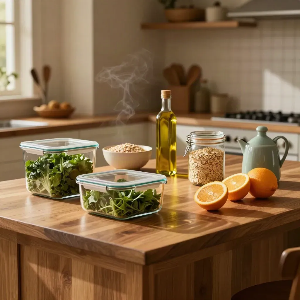 Meal prep containers, citrus, greens, oats and olive oil on a sunlit kitchen island.