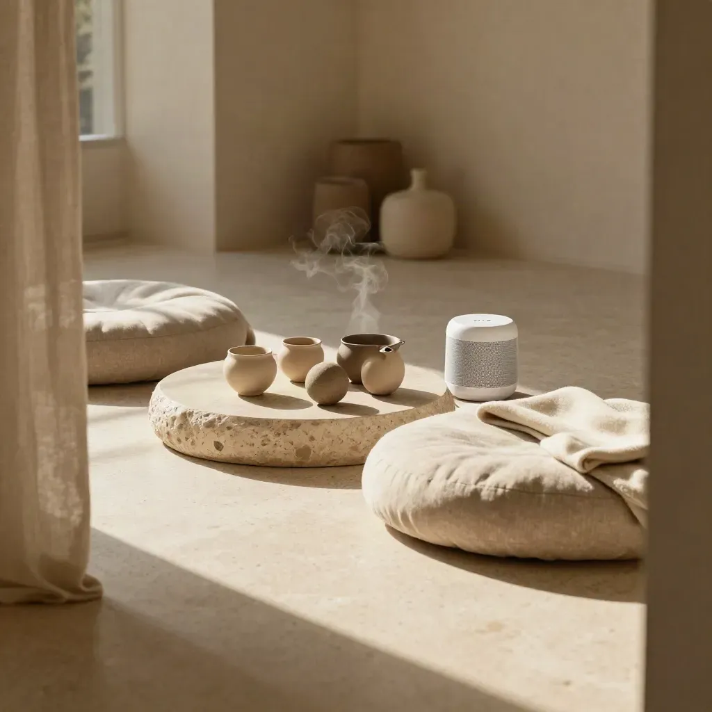 Quiet studio reset space with cushions, tea set, stress balls, and a white-noise speaker.