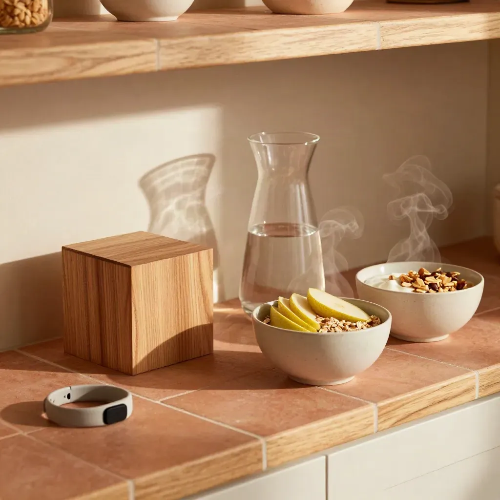 Kitchen shelf with a habit cube, water carafe, fitness band, and breakfast bowls in morning light.