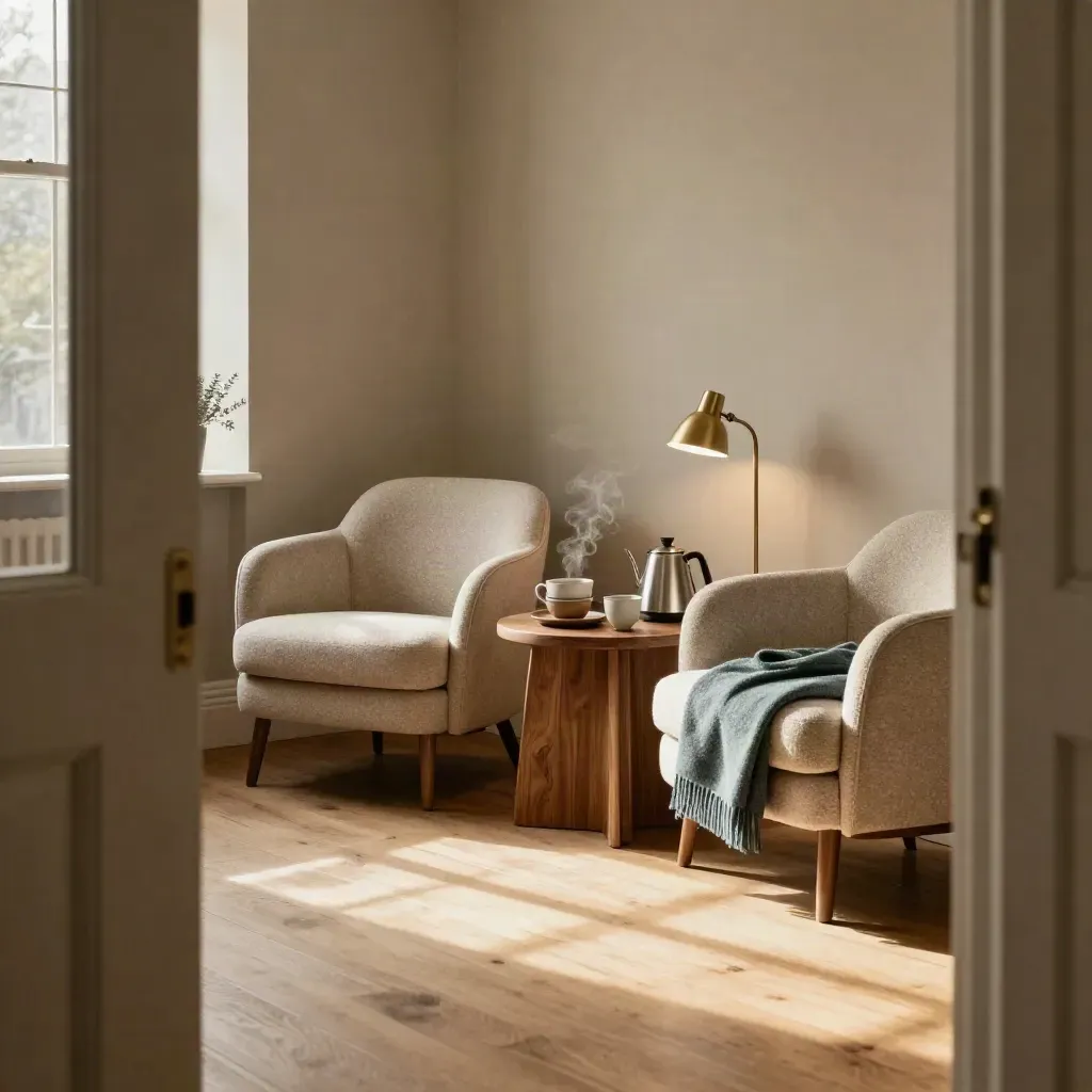 Empty wellbeing nook with chairs, tea, blankets and lamp in warm afternoon light