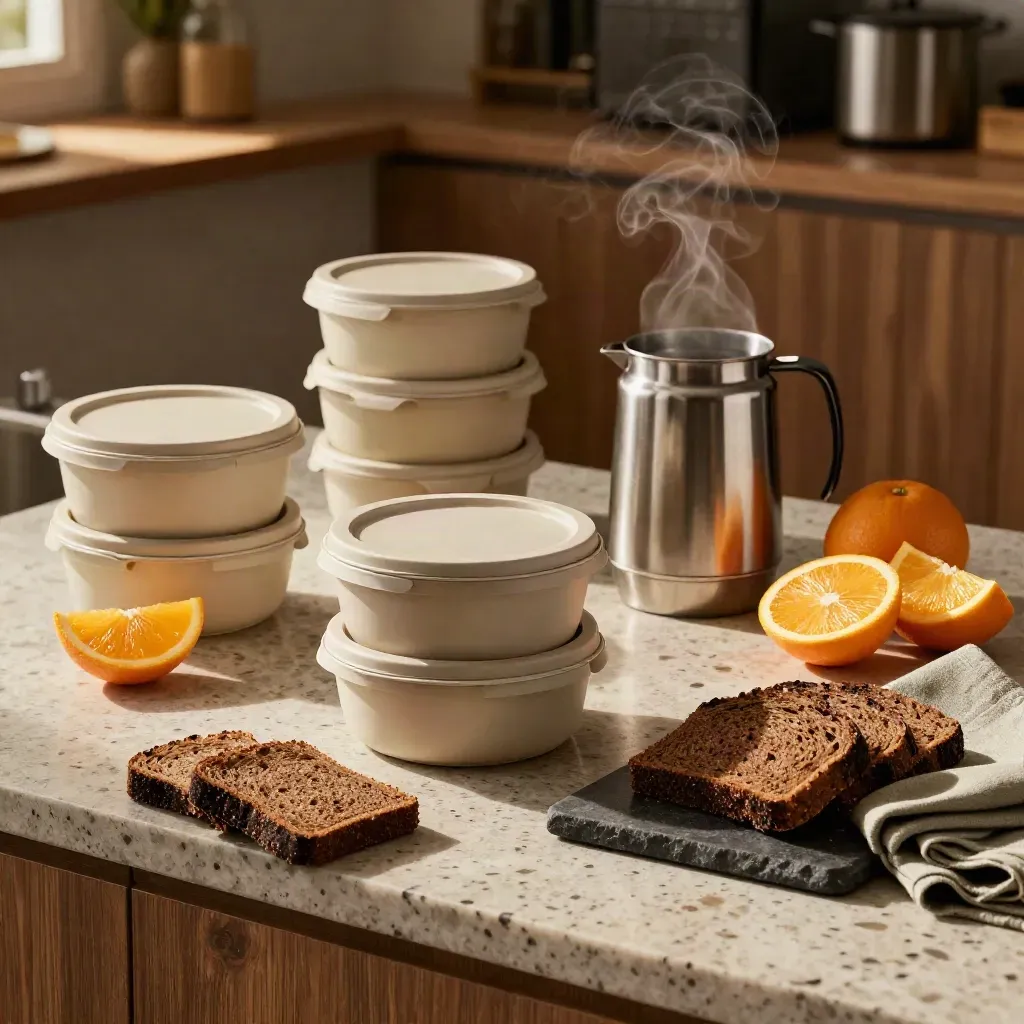 Steam rising from lunch tubs, citrus and rye bread on stone in a calm pantry reset.