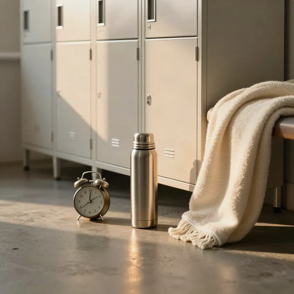 Empty staffroom corner with sunrise lamp, thermos, alarm clock, blanket, and closed lockers