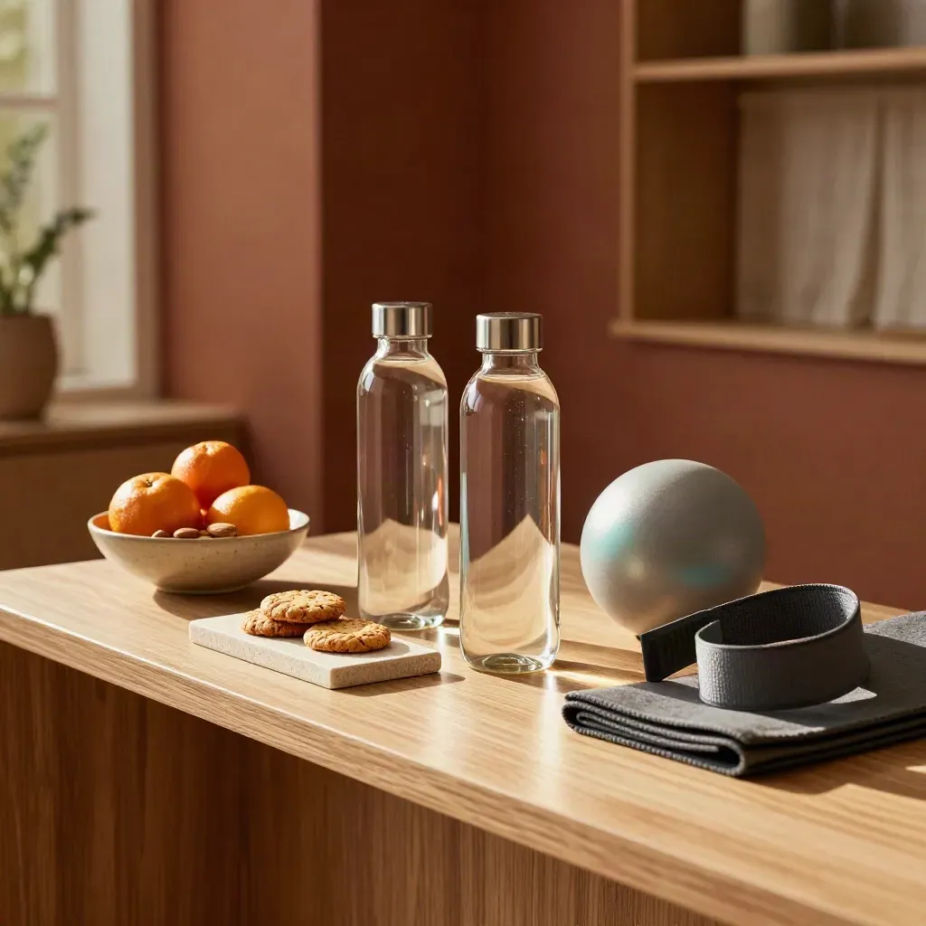 Warm office reset station with water bottles, snacks, mat and posture ball.