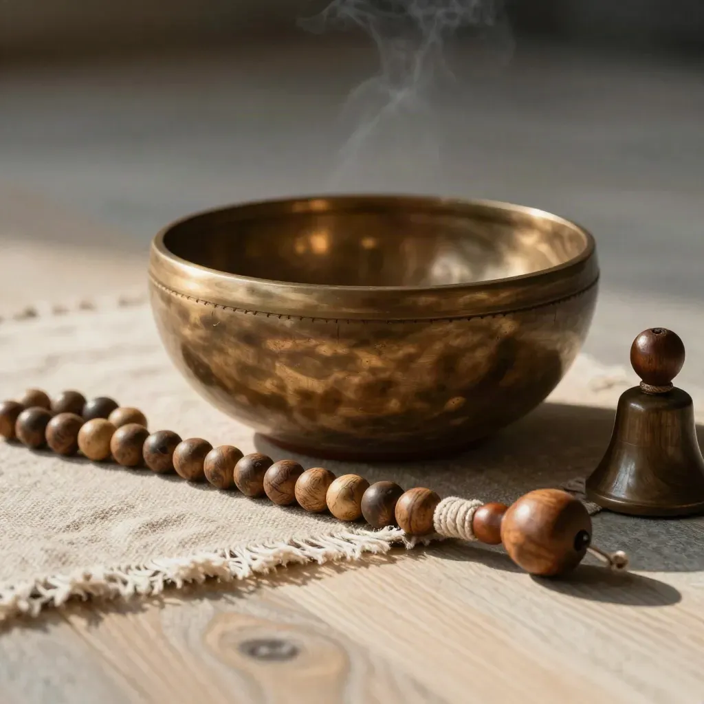 Mindfulness tools close-up: singing bowl, mala beads, linen mat edge and wooden bell.