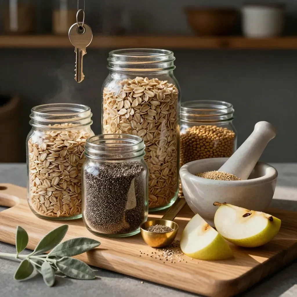 Glass jars, produce and measuring spoons on pale wood in a dramatic kitchen still life.