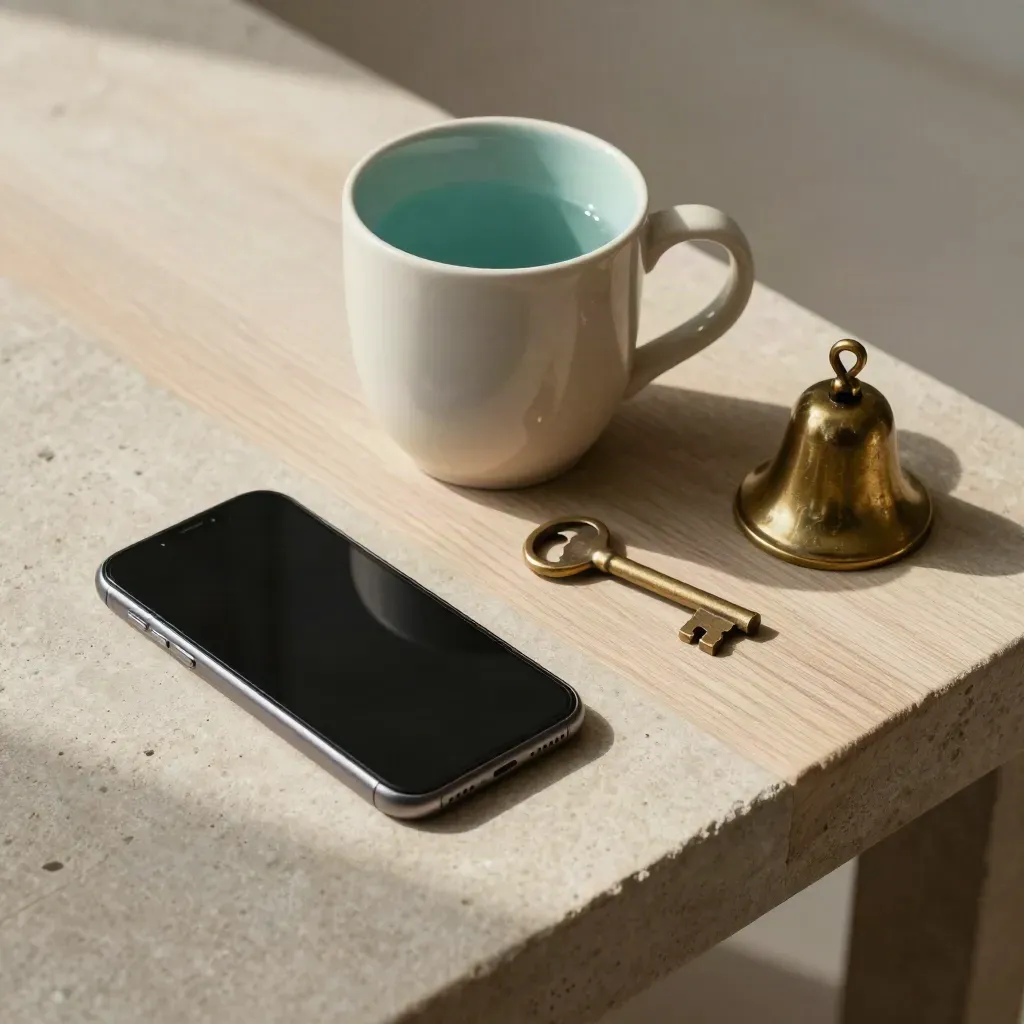 Top-down still life of a phone, mug, key and bell on a stone entry table.