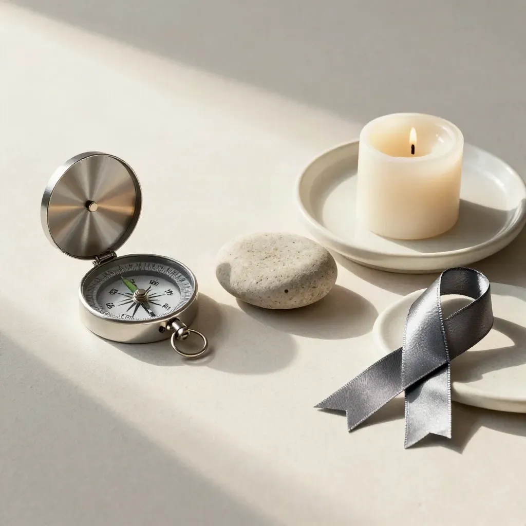 River stones, compass, candle and ribbon marker on a pale tray in soft light.