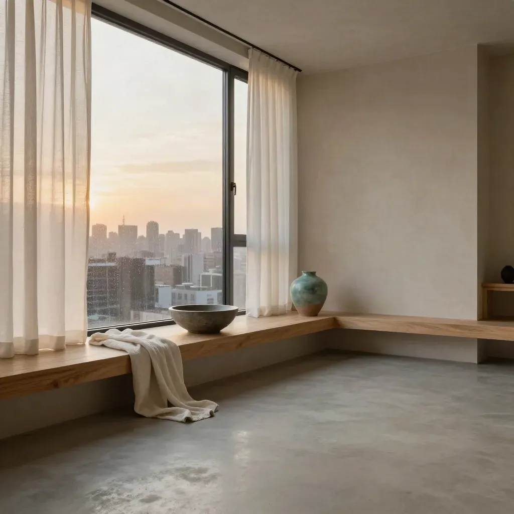 Rain-bright wellbeing studio with sheer curtains, pale walls and a calm open floor for copy