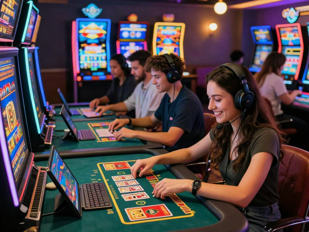 Exciting non GamStop casino uk scene with diverse players enjoying vibrant digital games and a lively atmosphere.