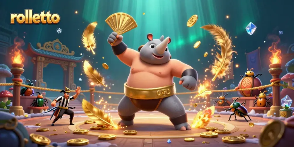 rolletto game features a rhinoceros beetle champion in an epic gambling arena with coins flying