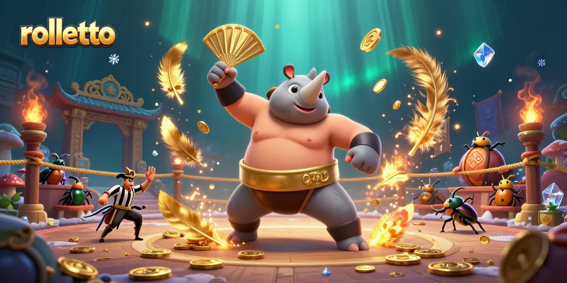rolletto game features a rhinoceros beetle champion in an epic gambling arena with coins flying
