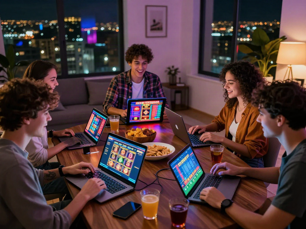 A vibrant non Gamstop casino UK scene with friends gaming together.
