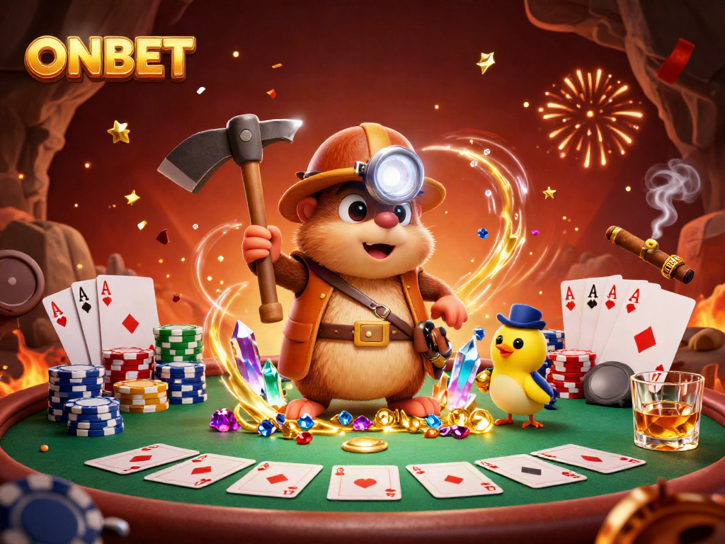 Experience winning at ONBET with a treasure hunter mole, poker chips, and vibrant casino elements.