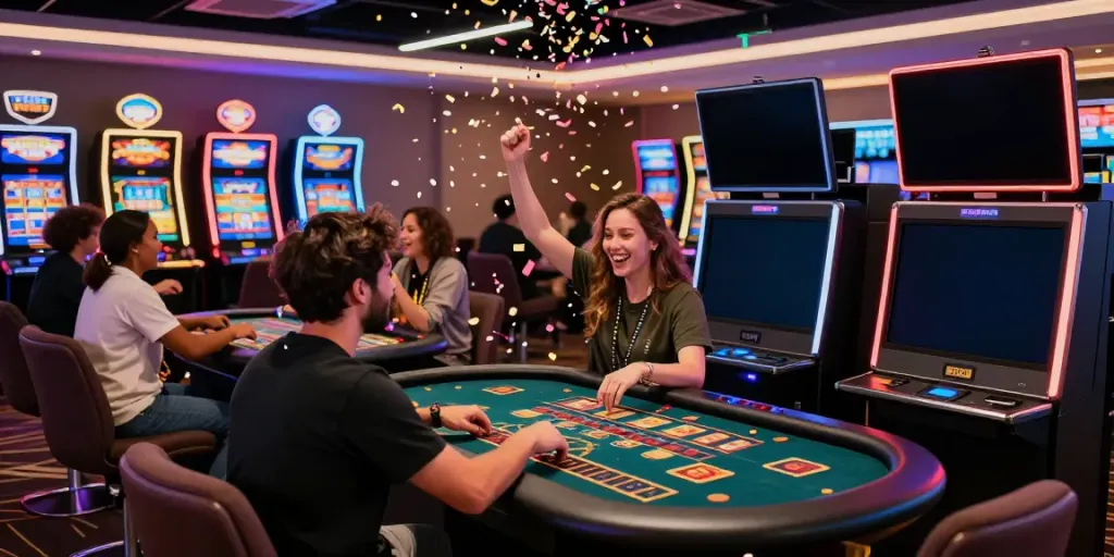 Dynamic atmosphere of a non GamStop casino in the UK with players celebrating wins at vibrant gaming tables.
