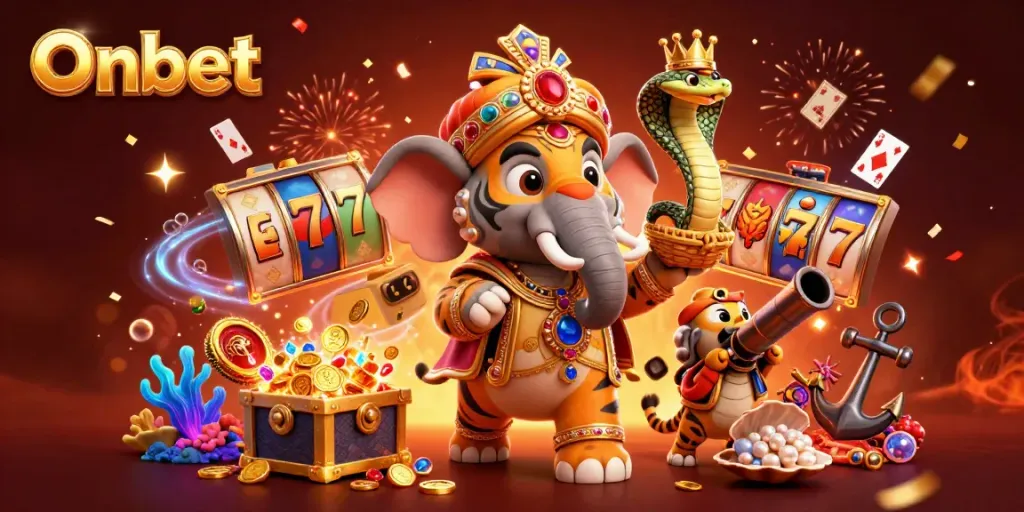 Engage with Onbet's vibrant casino world featuring 3D cartoon characters and slot machine elements.