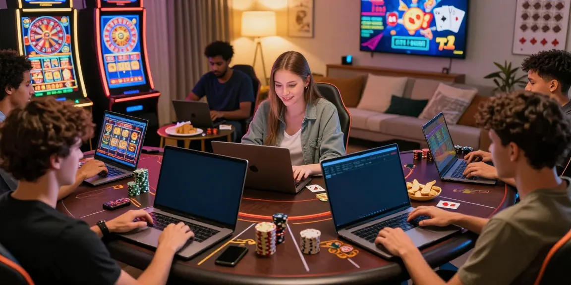 Engaging scene of players at a non Gamstop casino UK, enjoying games on laptops and smartphones in a cozy living room.