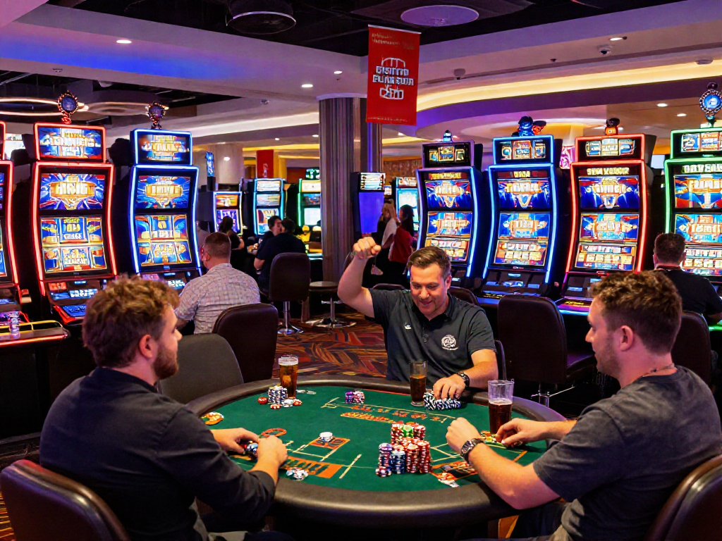 Exciting non Gamstop casino atmosphere with diverse players celebrating wins in the UK.