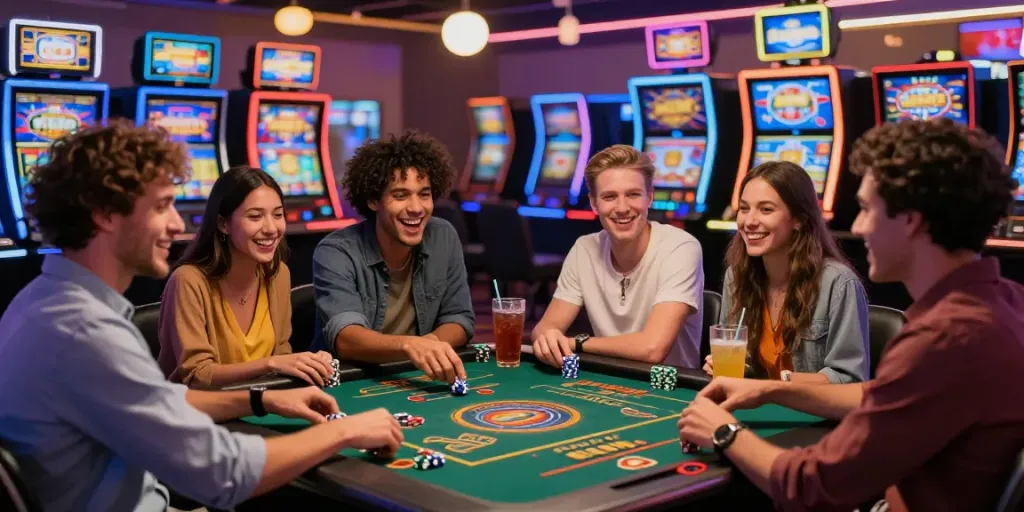 Cheerful group at non Gamstop casino UK enjoying games and vibrant atmosphere.