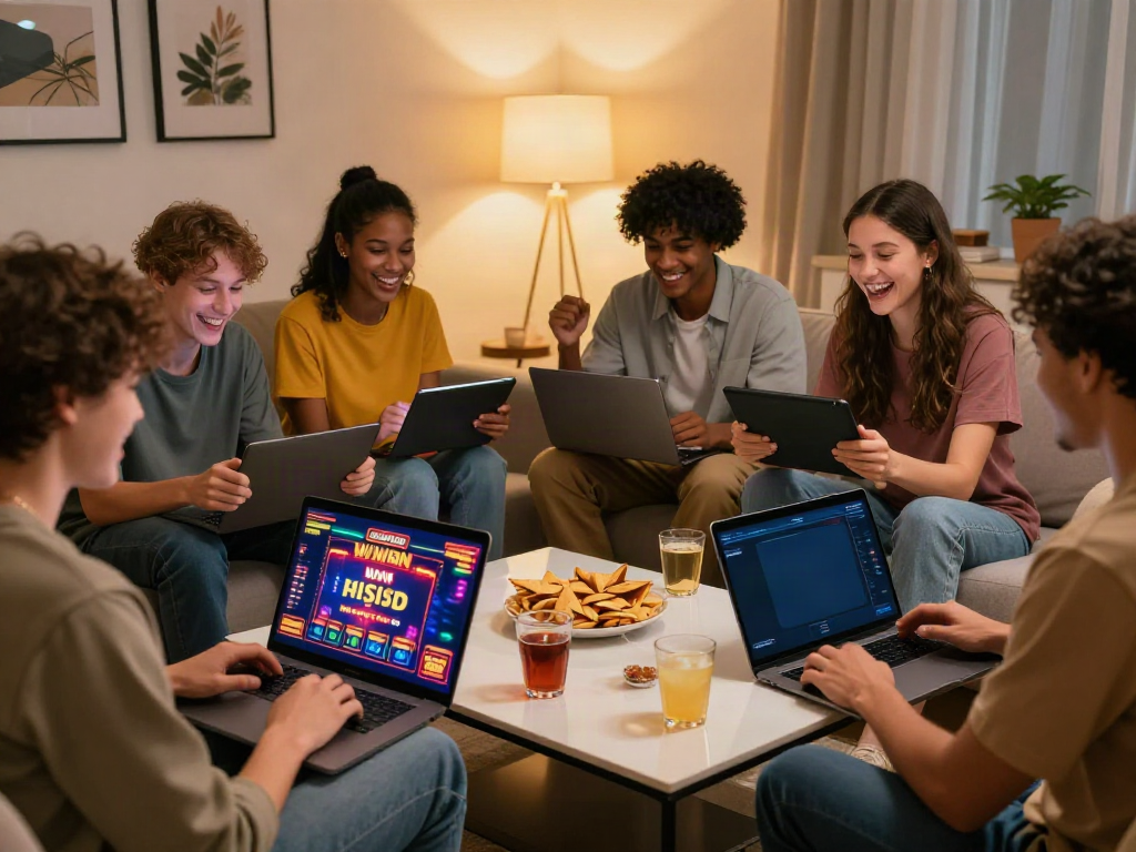 Friends enjoying diverse games at a non Gamstop casino uk in a cozy living room.