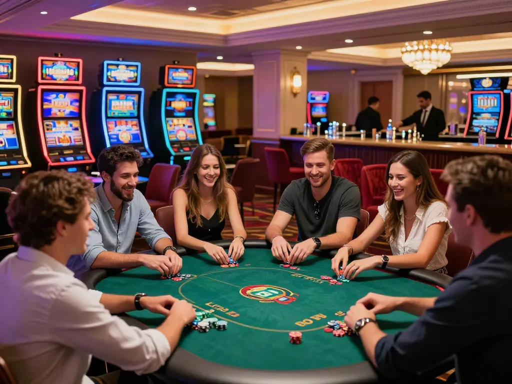 Social gaming experience in a non GamStop casino UK with friends at a poker table.