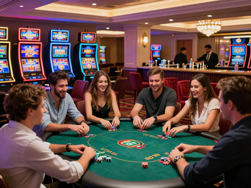 Social gaming experience in a non GamStop casino UK with friends at a poker table.