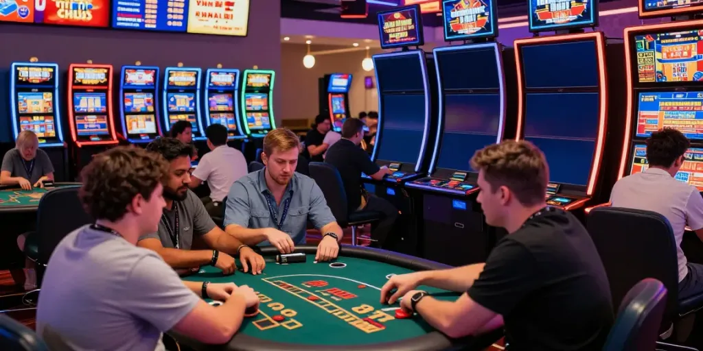 Exciting gaming atmosphere at a non gamstop casino uk with diverse players enjoying table games and colorful slots.