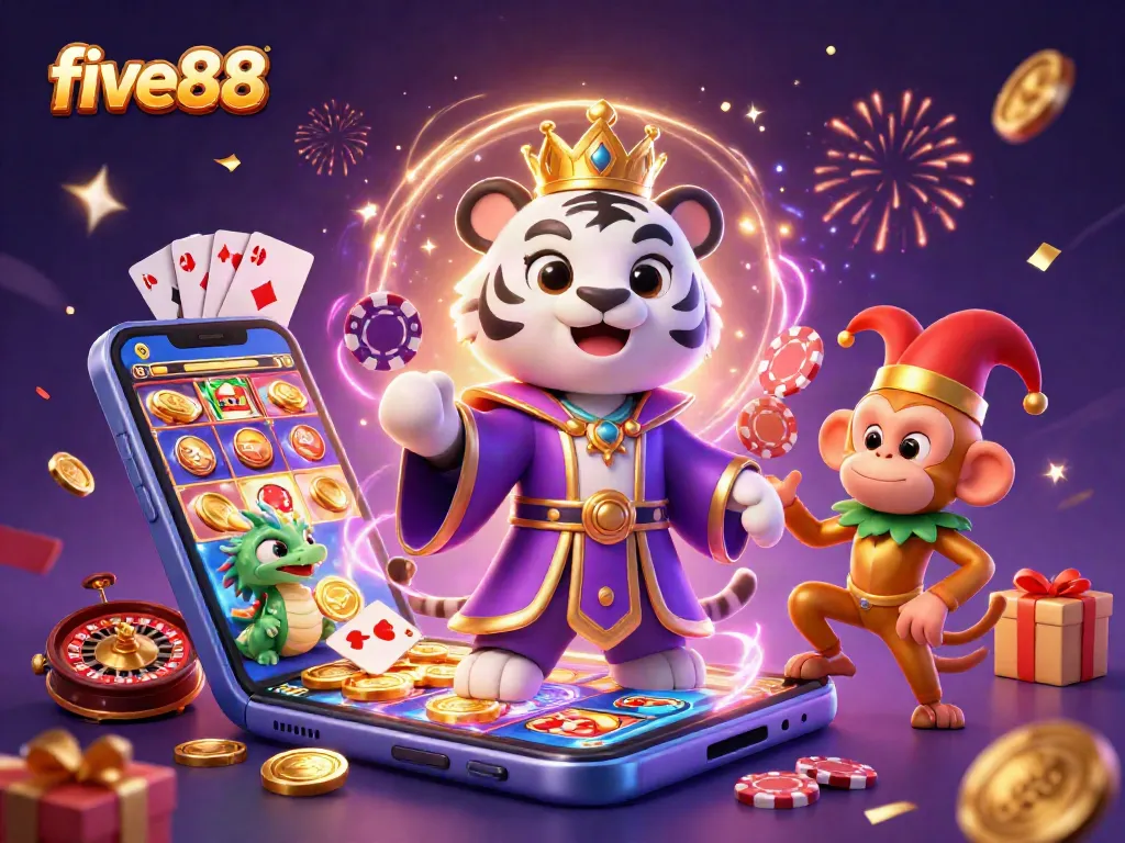Engage in thrilling gameplay at five88, featuring a vibrant casino scene with lively characters and gaming elements.