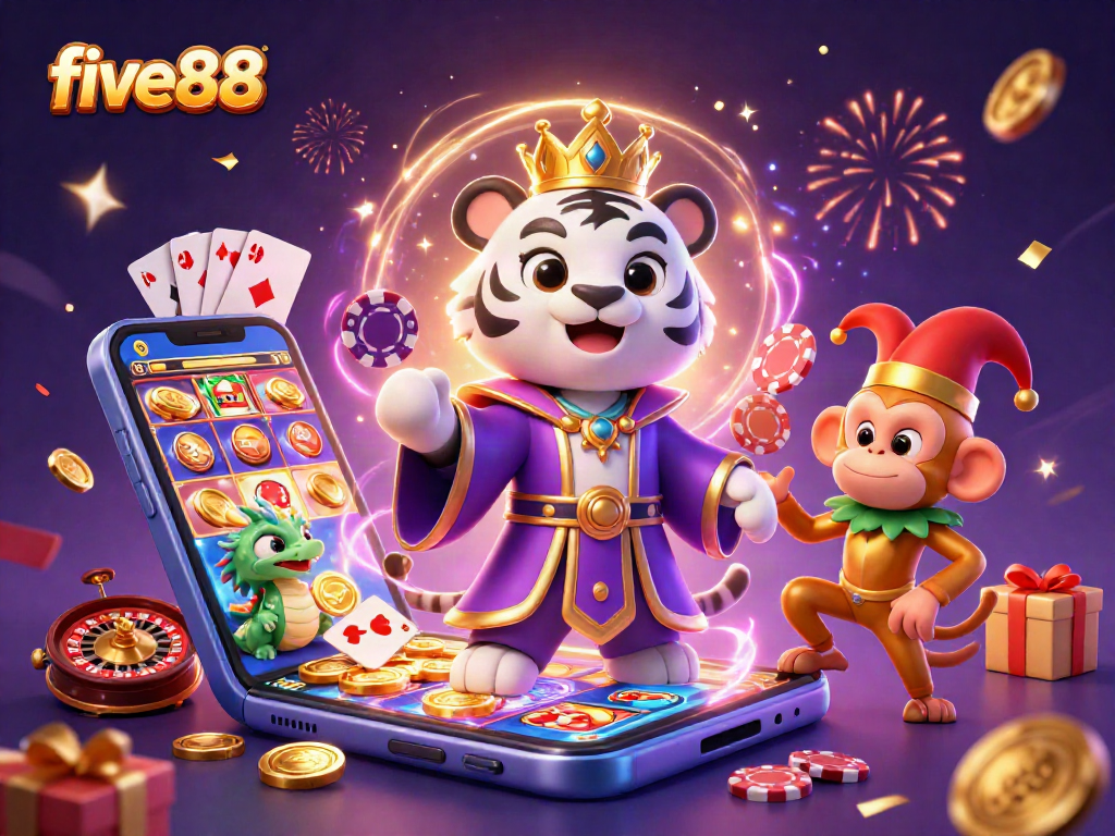 Engage in thrilling gameplay at five88, featuring a vibrant casino scene with lively characters and gaming elements.