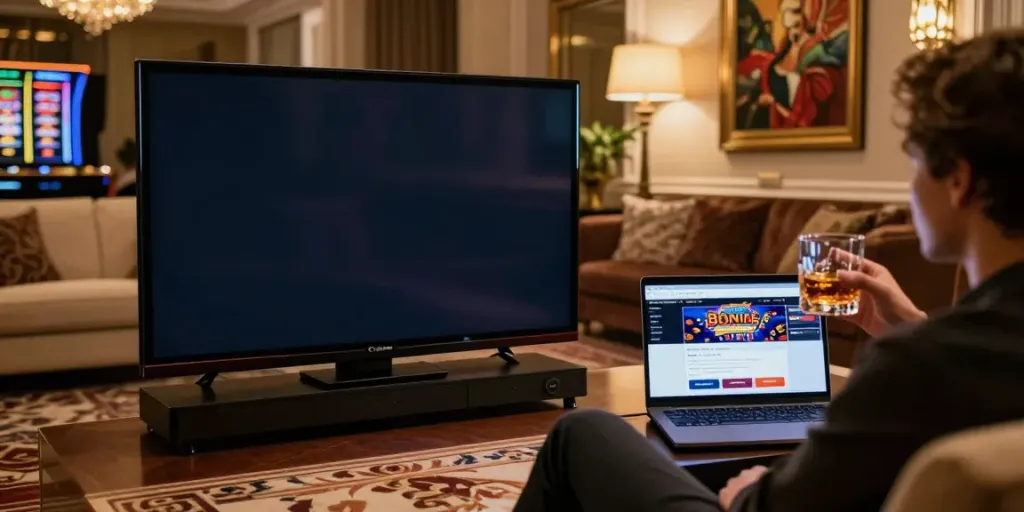 Elegant scene of a person enjoying games at credit card casino sites, demonstrating a luxurious home gaming environment.