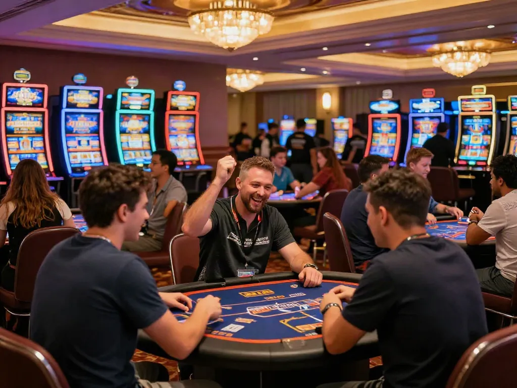 Exciting scene at a non GamStop casino UK, with players enjoying various games.
