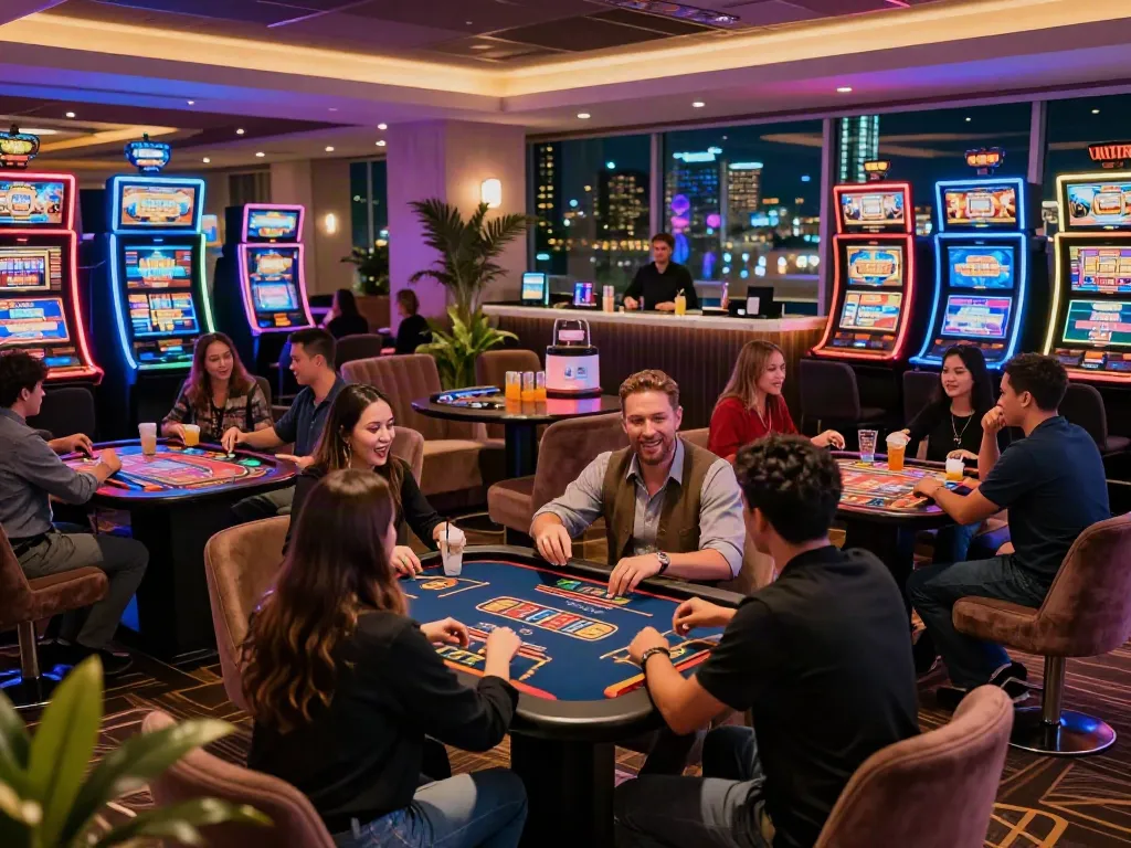 Players enjoying games in a vibrant non Gamstop casino UK with modern decor and lively atmosphere.