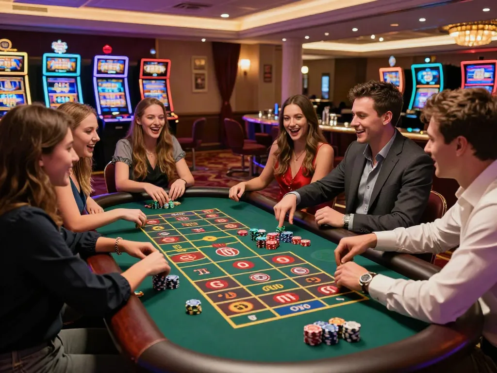 Exciting atmosphere at a vibrant non gamstop casino UK with friends betting at a roulette table.
