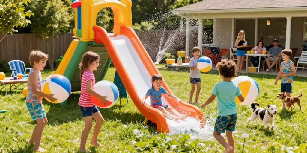 Children having fun on a vibrant slip and slide in a sunny backyard, capturing summer excitement.