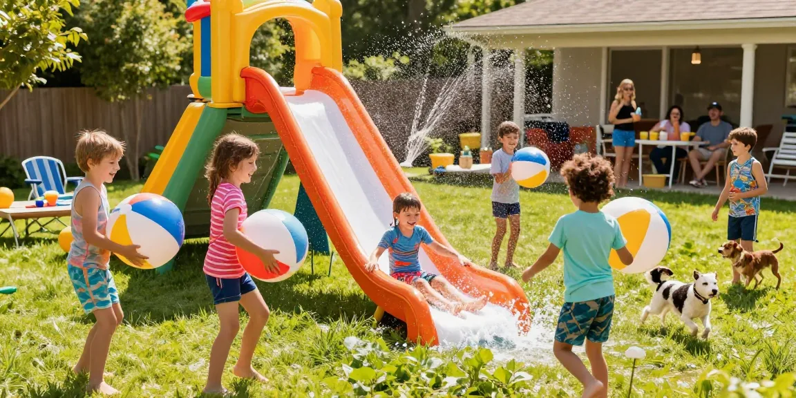 Children having fun on a vibrant slip and slide in a sunny backyard, capturing summer excitement.