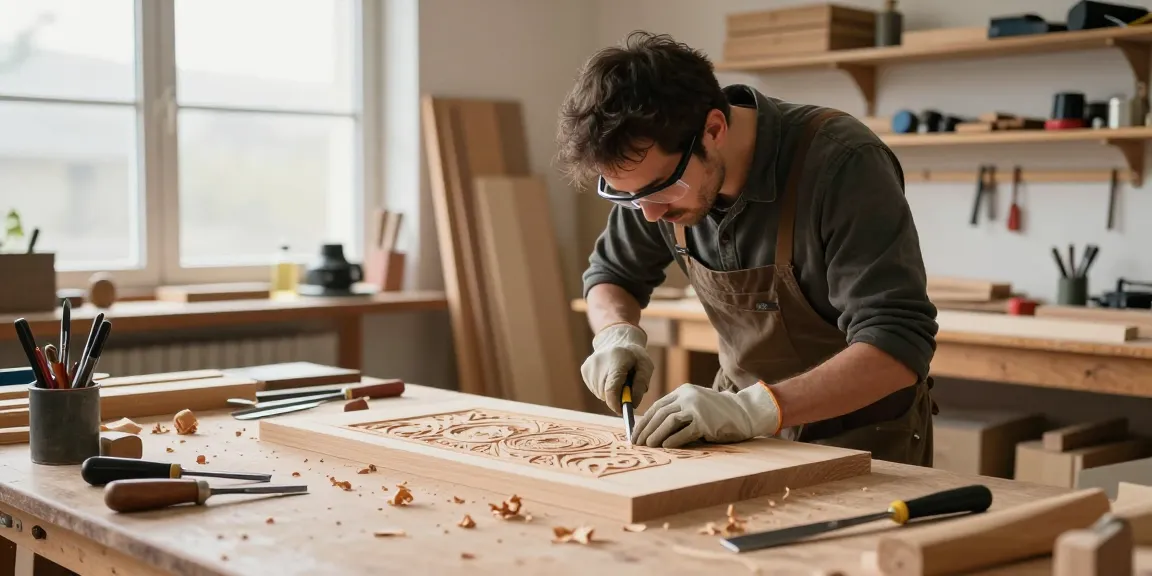 Craftsman using a festool knife for woodworking in a bright workshop