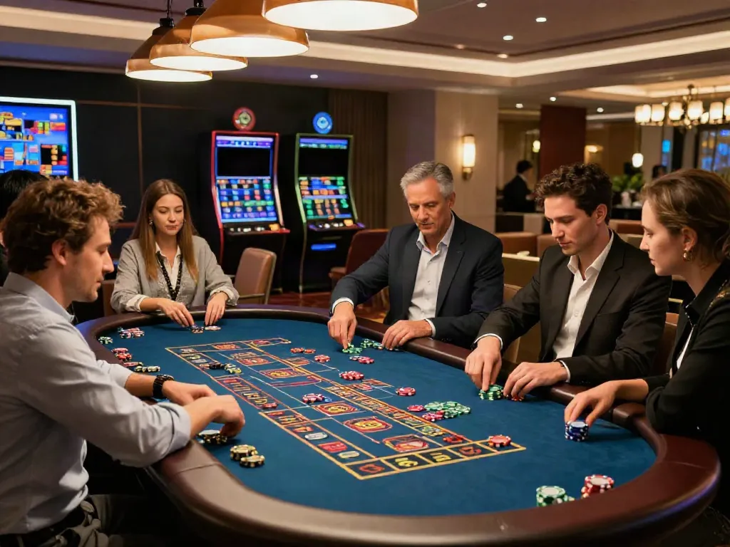 Exciting scene in a non Gamstop casino UK with diverse players at a roulette table.