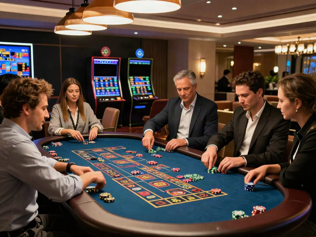 Exciting scene in a non Gamstop casino UK with diverse players at a roulette table.