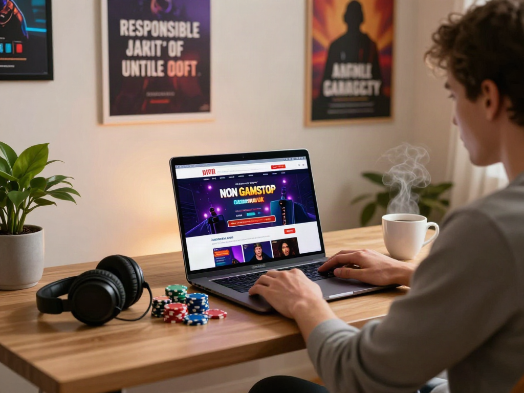 Engaging non GamStop casino UK gaming setup with laptop, accessories, and cozy ambiance.