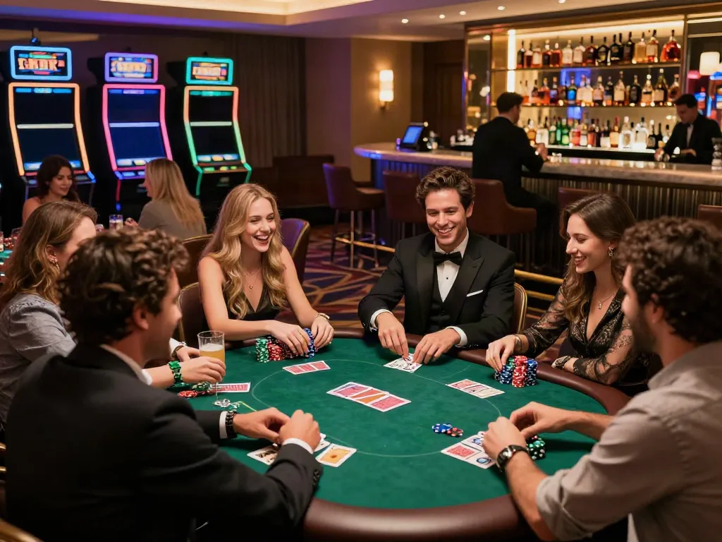 Social gathering at a non GamStop casino in the UK, showcasing excitement and luxury.