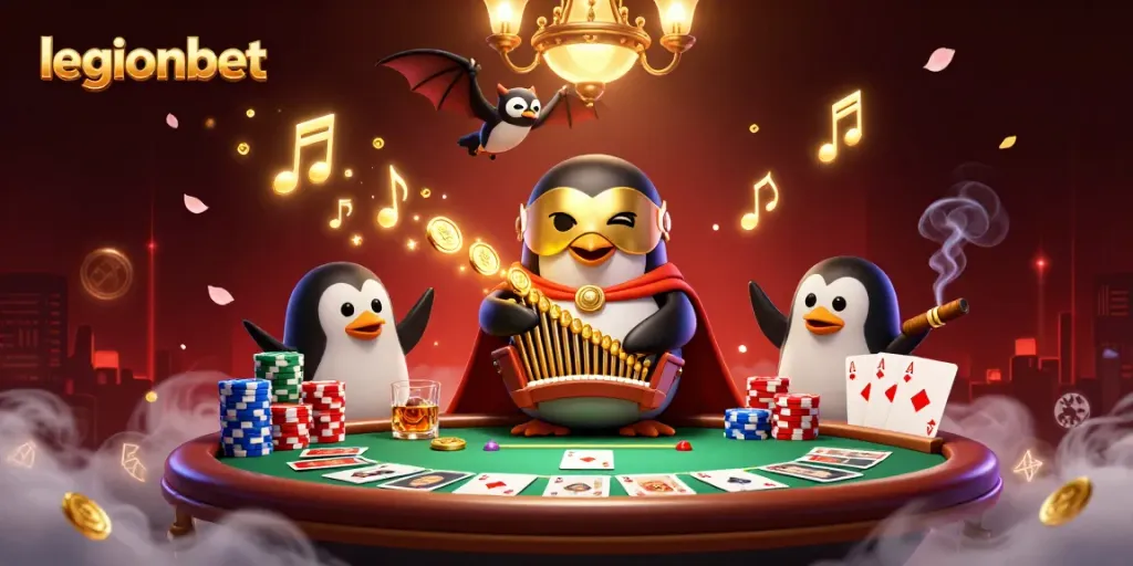 Experience excitement at legionbet with a 3D penguin playing organ, shooting coins in a vibrant casino