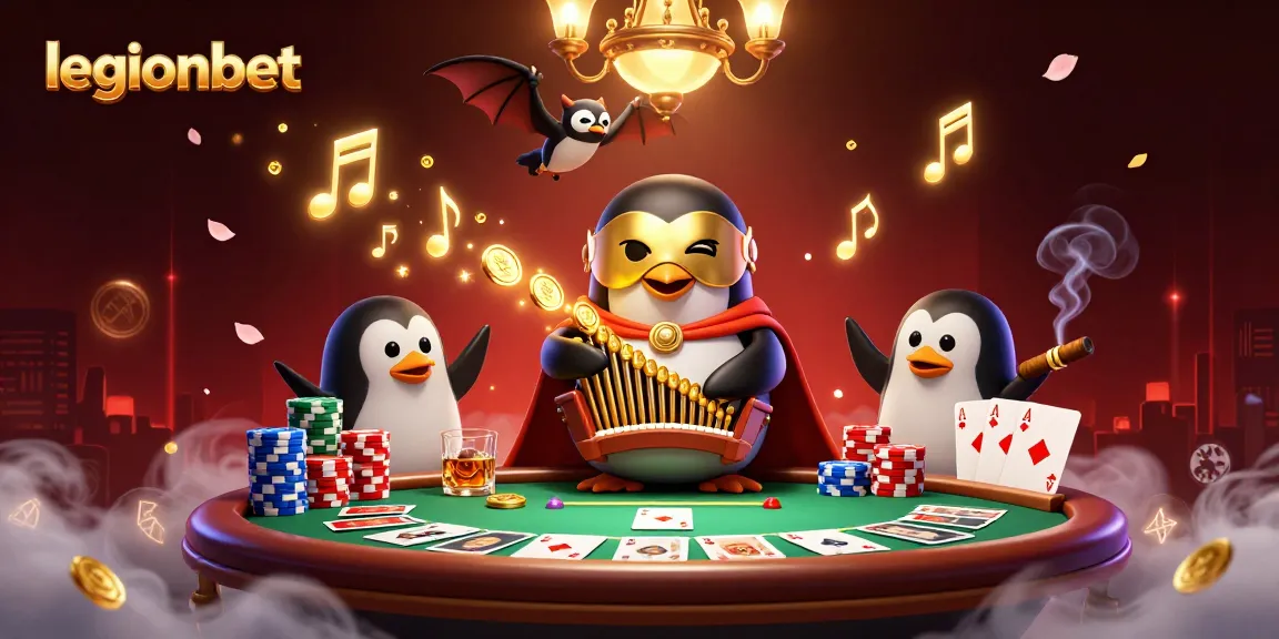 Experience excitement at legionbet with a 3D penguin playing organ, shooting coins in a vibrant casino