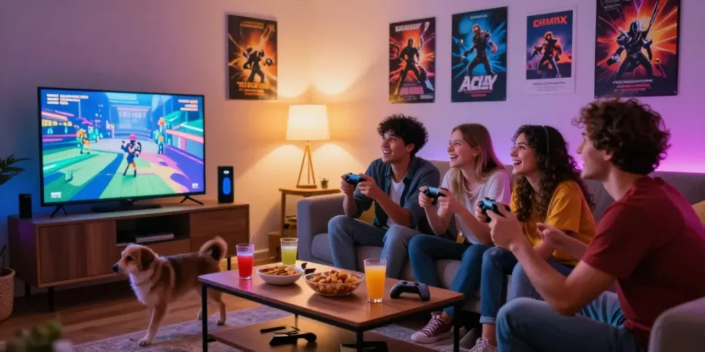 Friends enjoying an exciting game night at home, showcasing a non gamstop casino uk theme.